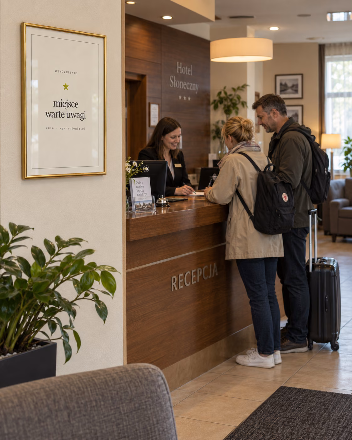 Oprawione wyróżnienie przy recepcji hotelu
