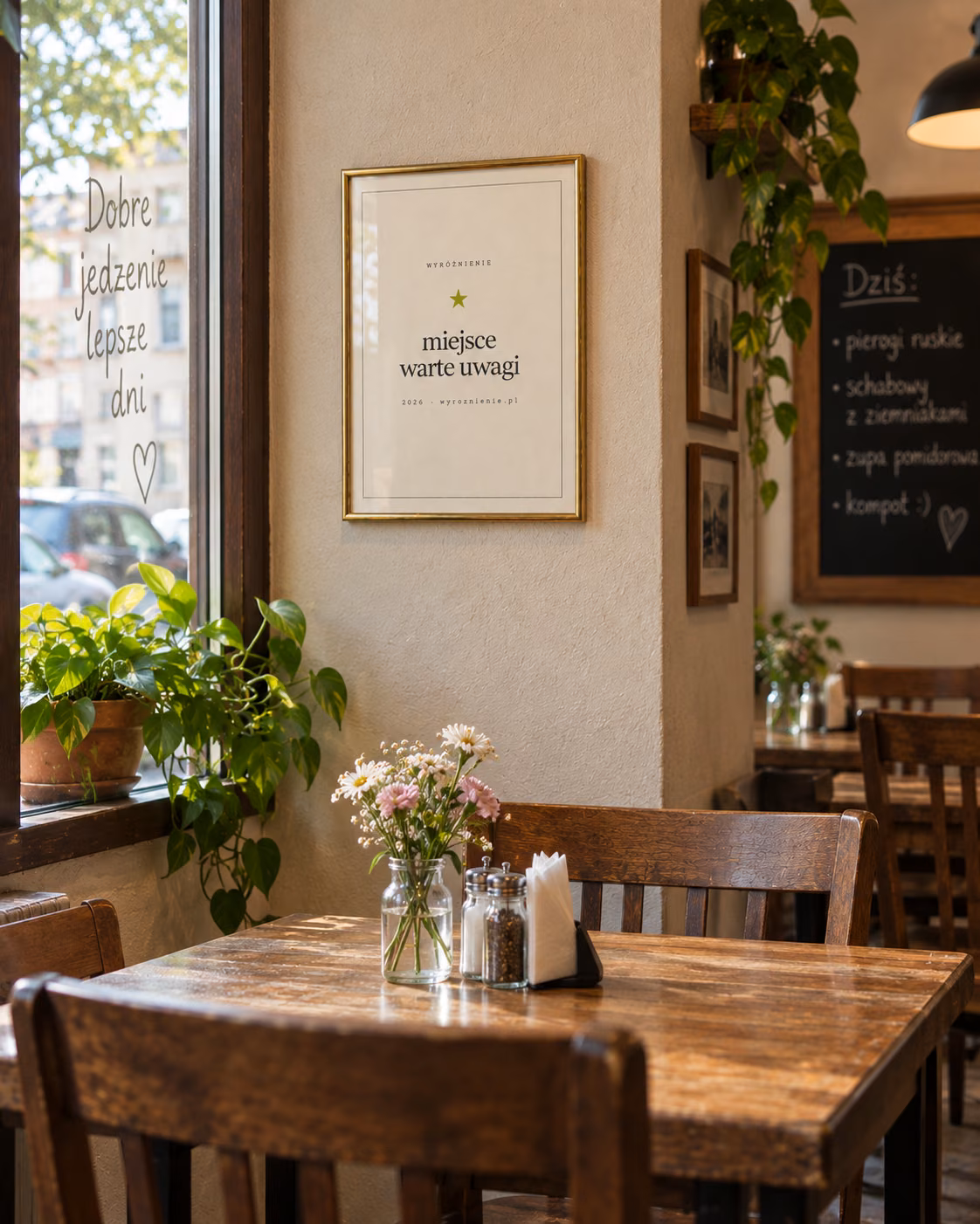 Oprawione wyróżnienie w przytulnym wnętrzu restauracji