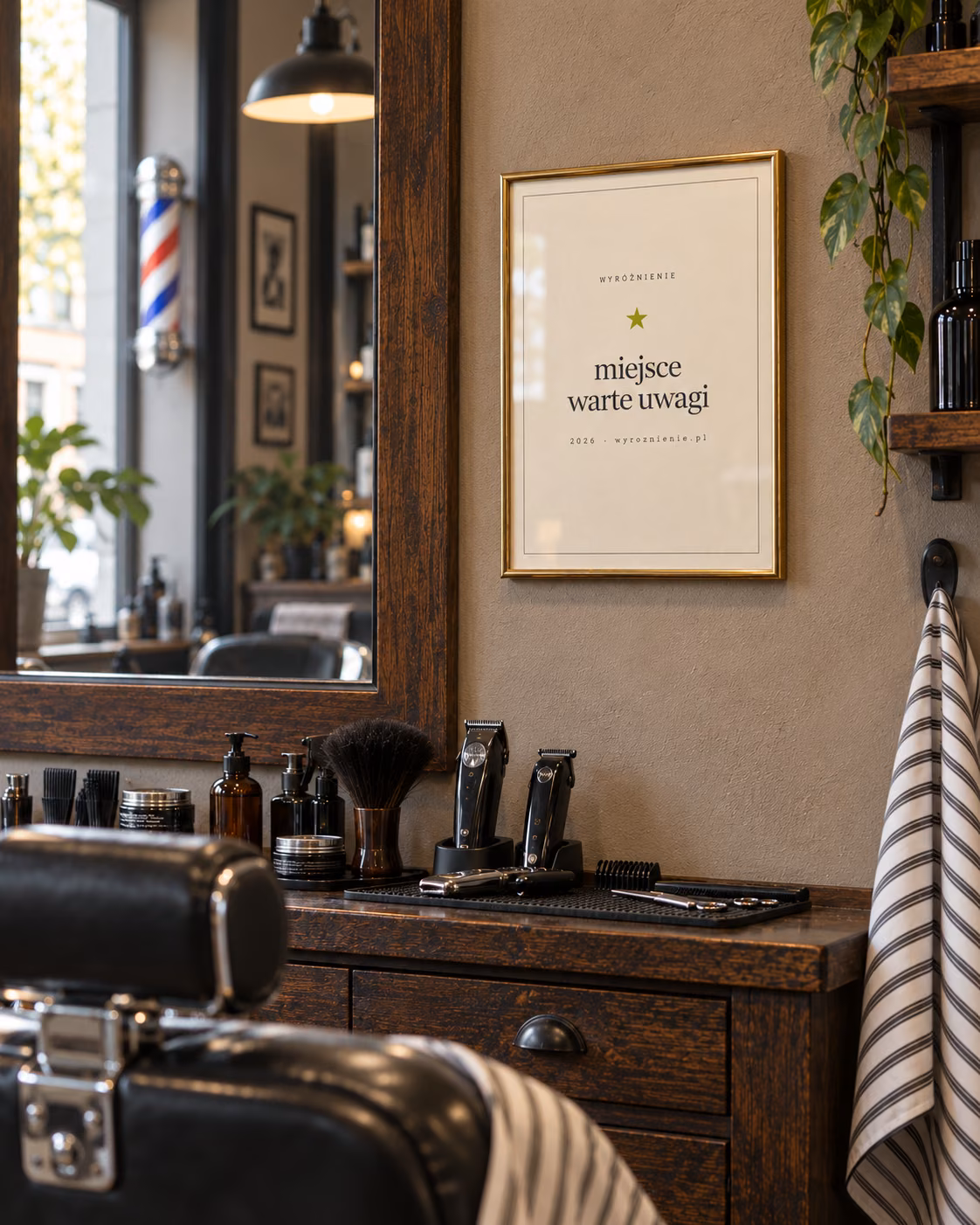 Oprawione wyróżnienie we wnętrzu salonu barberskiego